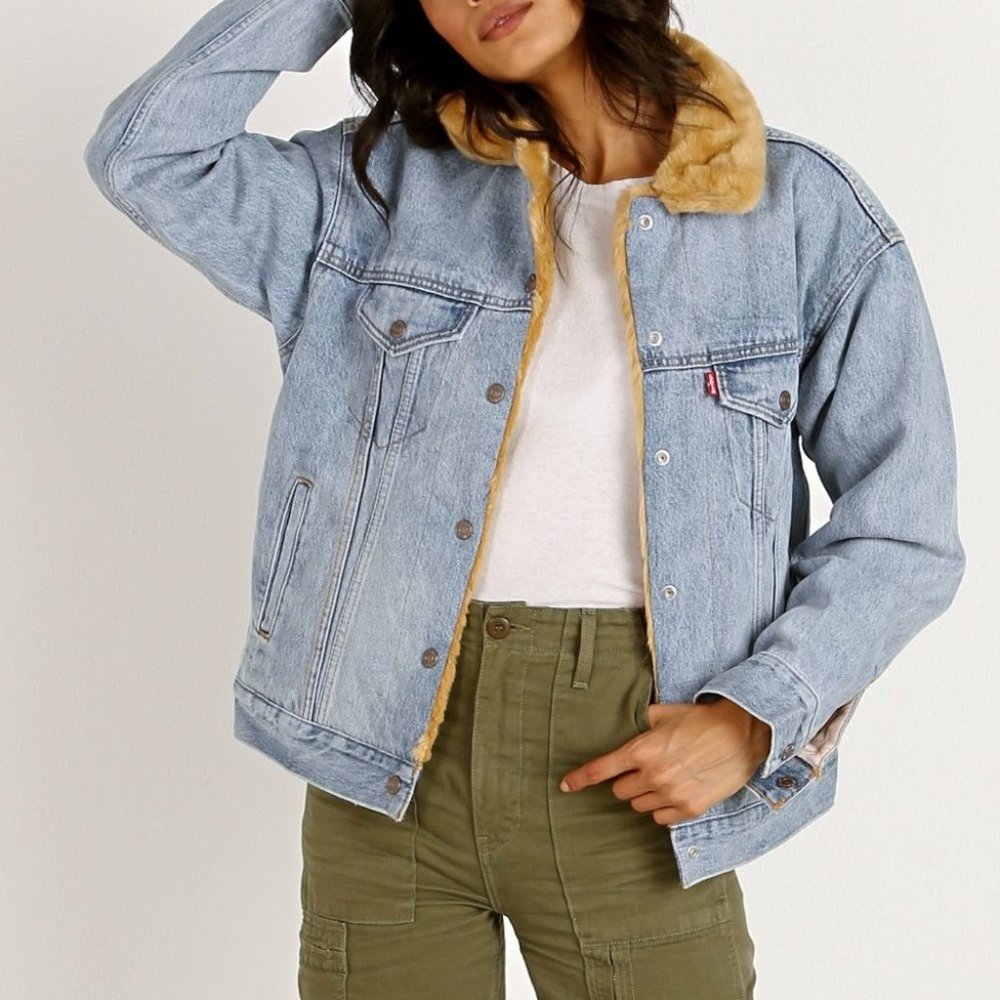 Levi's Denim Jeans Fuzzy Reversible Sherpa Jacket Light Blue Size Small